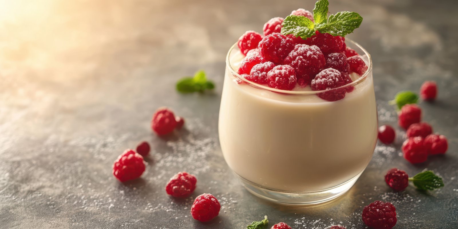 Creamy dessert topped with fresh raspberries and mint on a textured surface in a warm setting